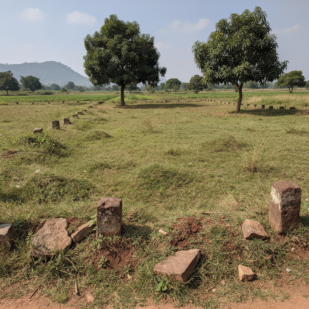 Illustration: an open grassy plot with stone boundary markers and a few mango trees, hills in the distance, Nashik