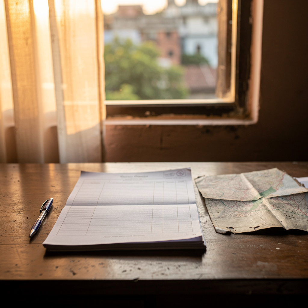 Illustration: a desk with land record papers, a pen and a folded map beside a window, Nashik