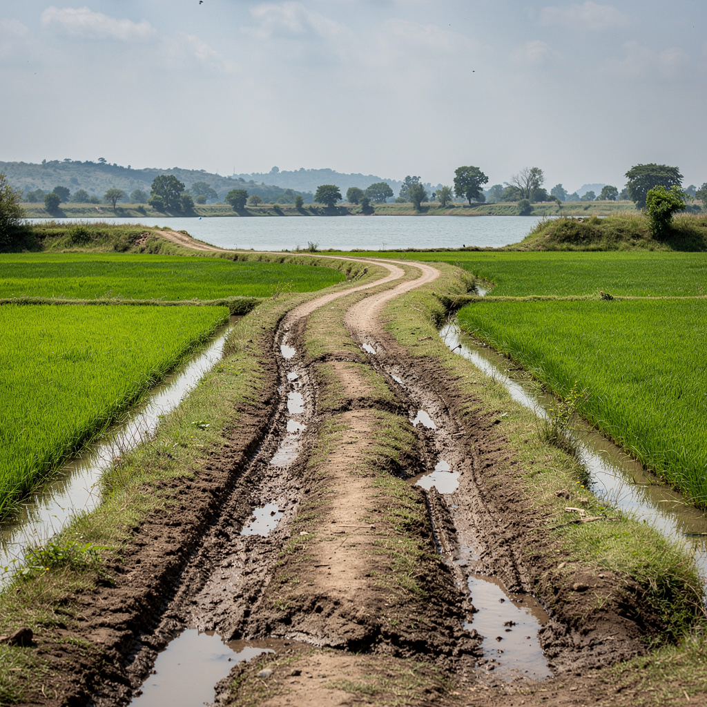 Illustration: a muddy rural access track curving between rice fields toward a dam backwater, Nashik