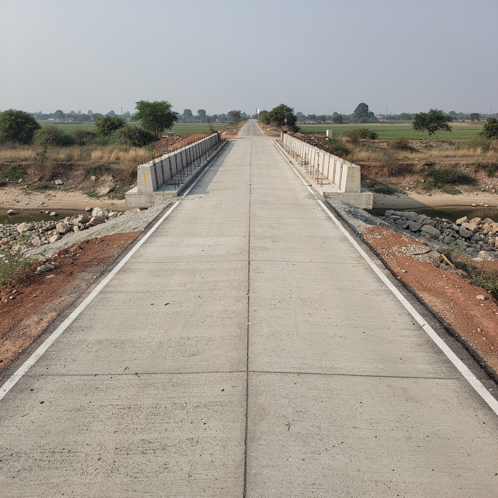 Illustration: a freshly laid two-lane concrete road with a bridge parapet under construction over a dry river bed in Maharashtra, Nashik