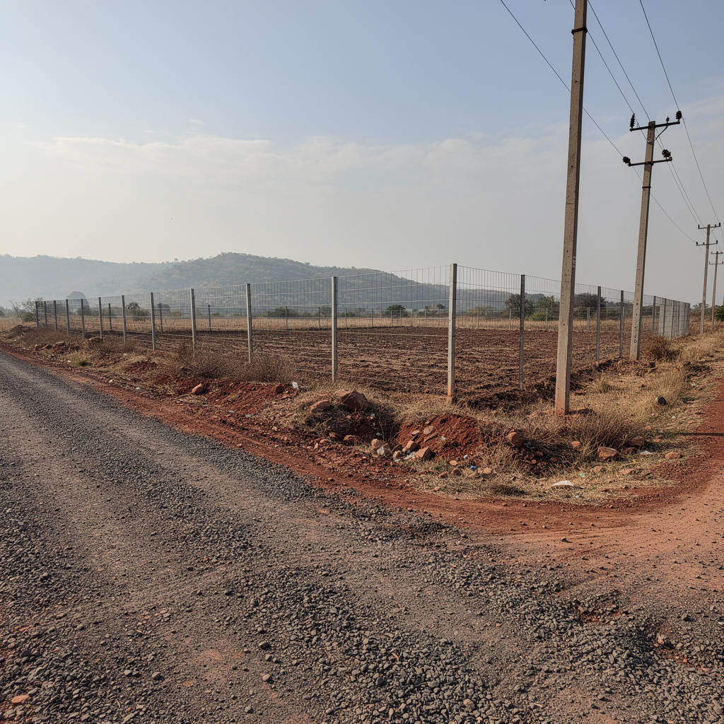 Illustration: a fenced empty industrial plot with a gravel approach road and electric poles beside it, hazy hills in the distance, Nashik