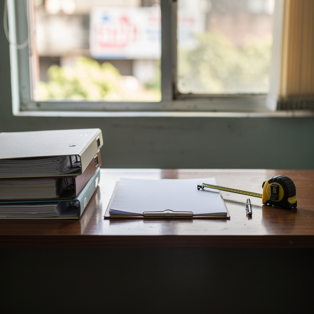 Illustration: a desk with stacked property files, a lease document folder and a measuring tape beside a window, Nashik